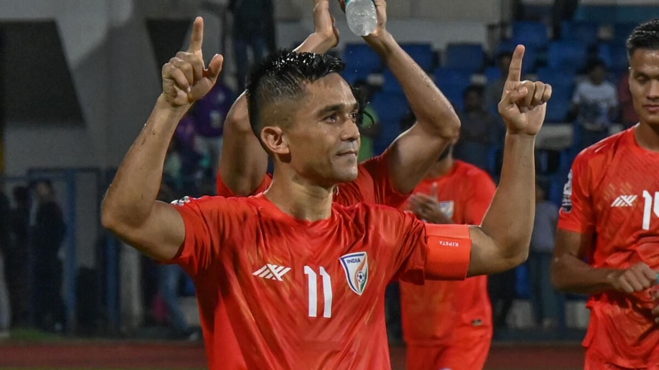 India's Sunil Chhetri celebrates after leading his side to victory over Nepal in the SAFF Championship on Saturday. Credit: DH Photo/ SK Dinesh