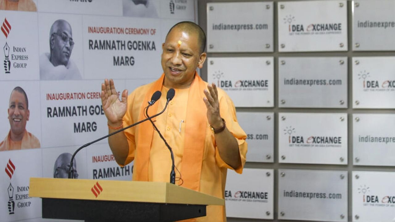 UP Chief Minister Yogi Adityanath speaks at an event to rename the Amaltash Marg to Ramnath Goenka Marg. Credit: PTI Photo