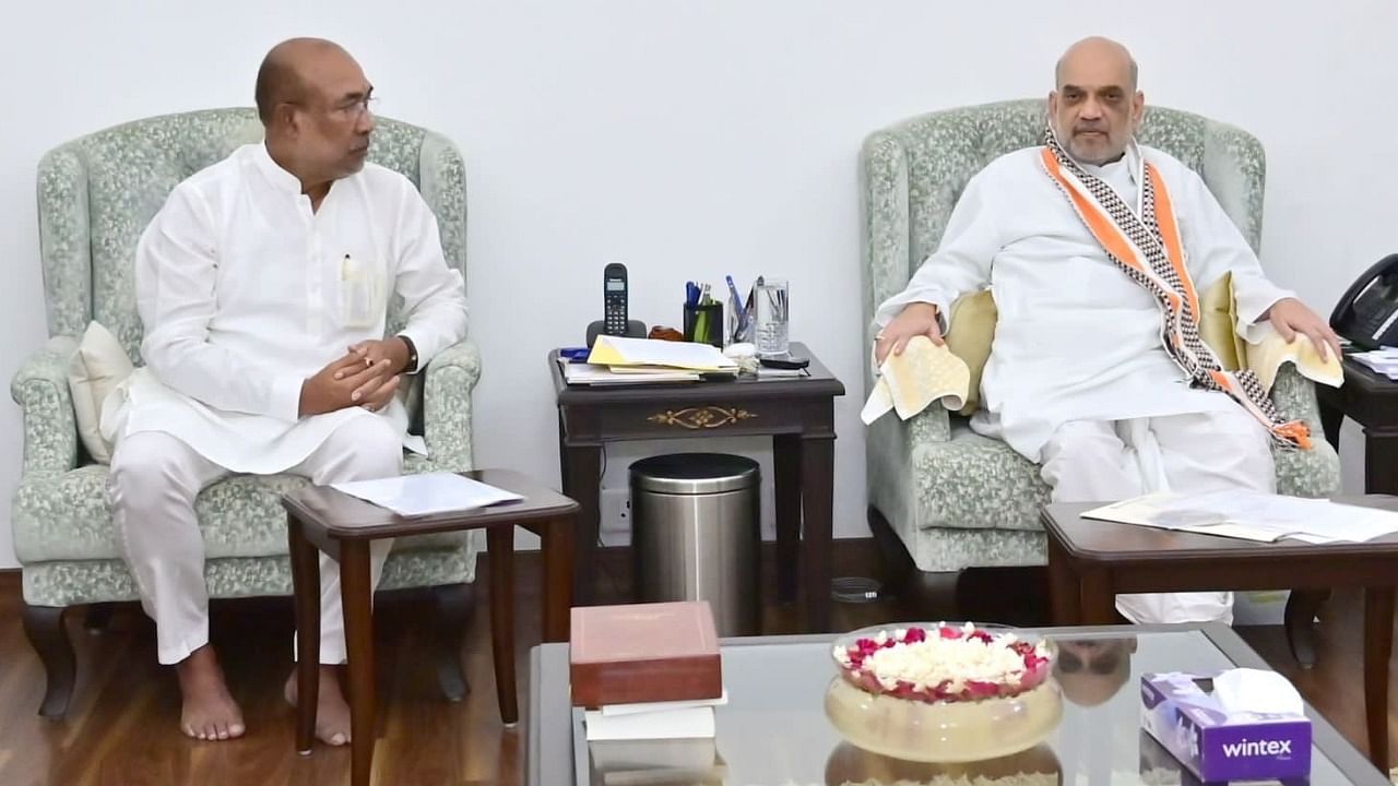 Manipur Chief Minister N Biren Singh with Union Home Minister Amit Shah in Delhi on Sunday. Credit: Twitter / @NBirenSingh