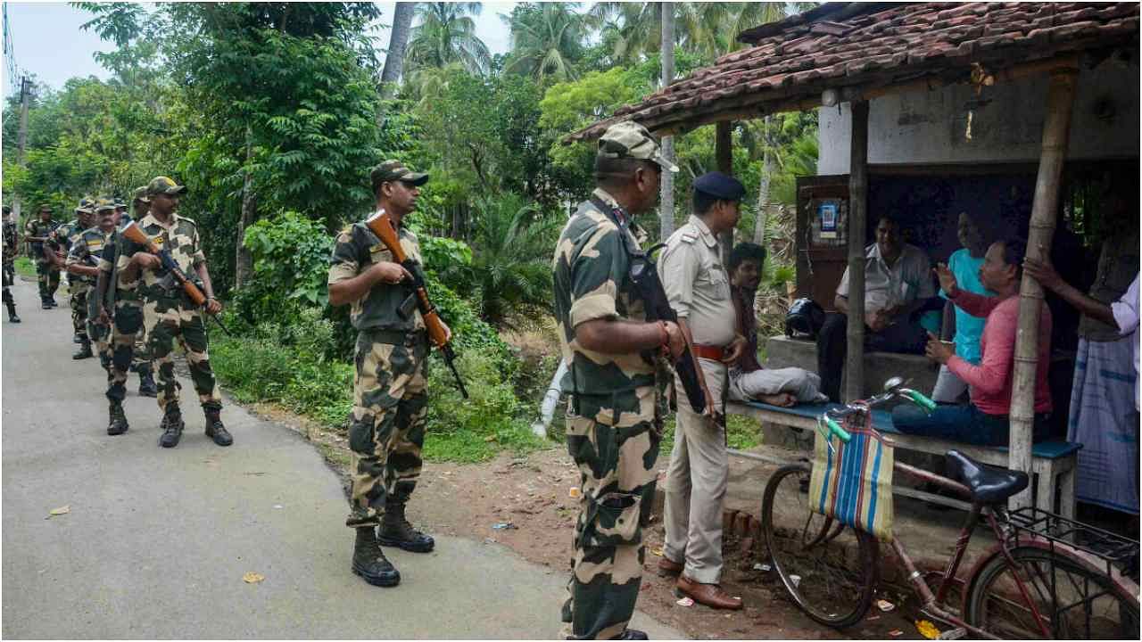 Howrah: Security personnel conduct route march ahead of the West Bengal panchayat elections, in Howrah district, Sunday, June 25, 2023. Credit: PTI Photo