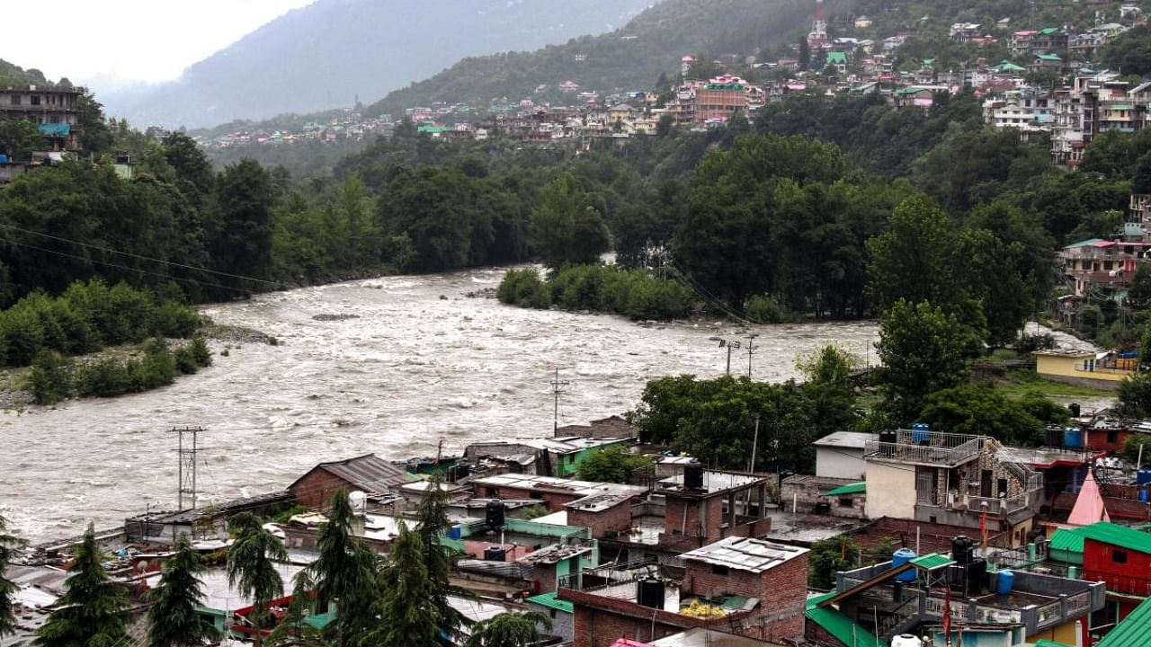  A view of swollen Beas River after heavy rainfall, in Kullu, Monday, June 26, 2023. Credit: PTI Photo