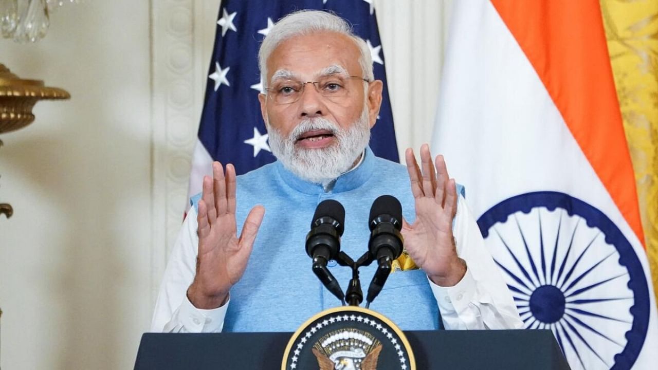 Prime Minister Narendra Modi speaks during a joint press conference with U.S. President Joe Biden at the White House in Washington, US, June 22, 2023. Credit: Reuters Photo