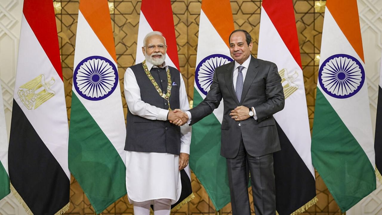 Eqyptian President Abdel Fattah El-Sisi confers Prime Minister Narendra Modi with 'Order of the Nile' award - Egypt's highest state honour, during their meeting in Cairo, Egypt, Sunday, June 25, 2023. Credit: PTI Photo