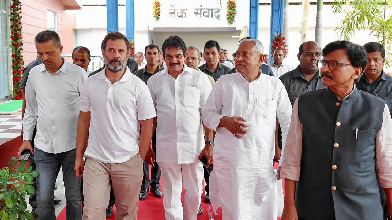 Congress leader Rahul Gandhi with Bihar CM and JD(U) chief Nitish Kumar, Shiv Sena leader Sanjay Raut and others during the opposition parties' meeting, in Patna, Friday, June 23, 2023. Credit: PTI Photo