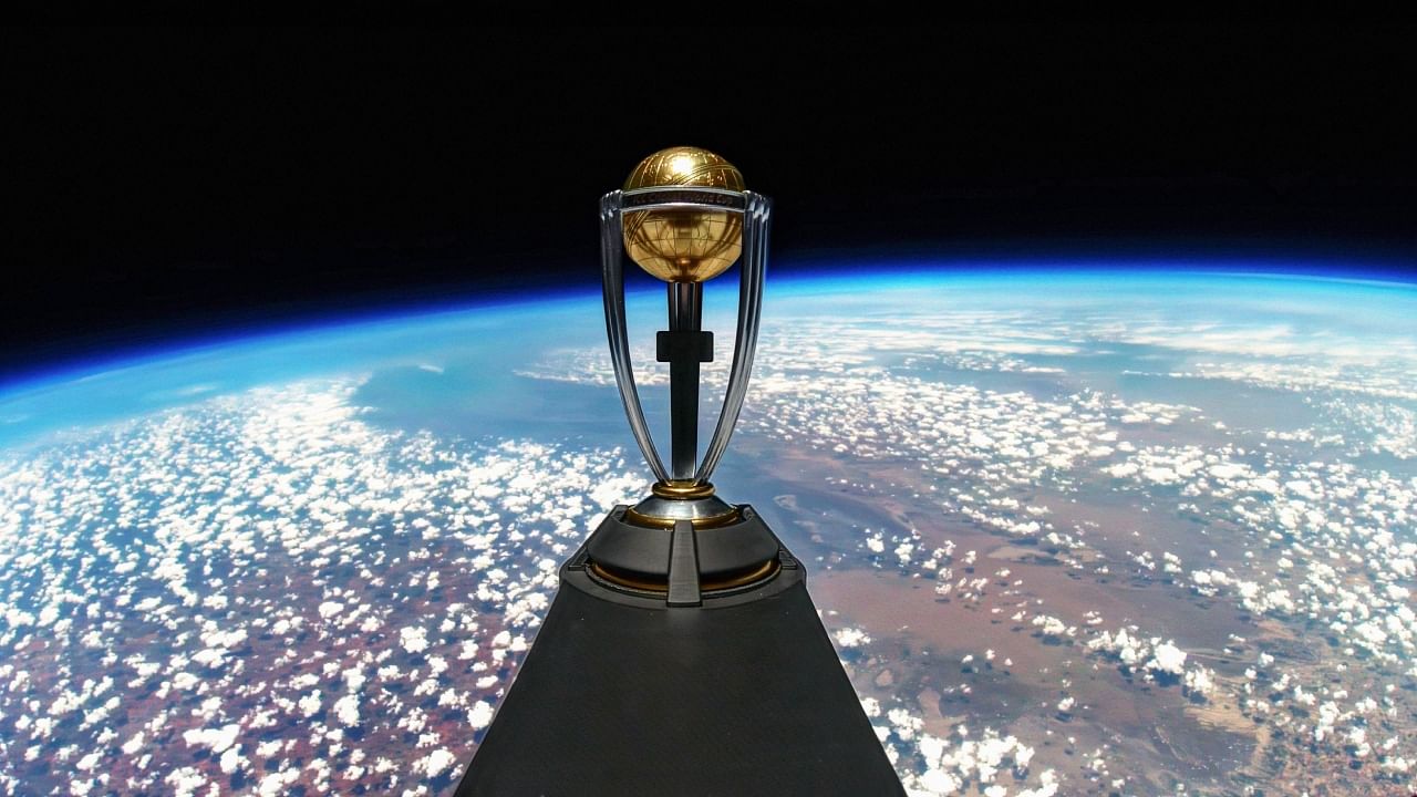 The ICC World Cup trophy in space. Credit: Twitter/@ICC