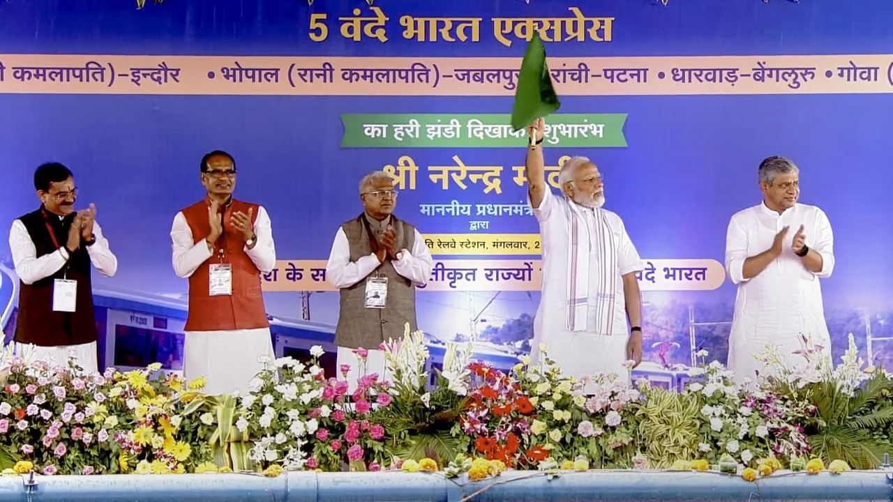 Prime Minister Narendra Modi flags off five Vande Bharat trains from Rani Kamlapati Railway Station, in Bhopal. Credit: PTI Photo