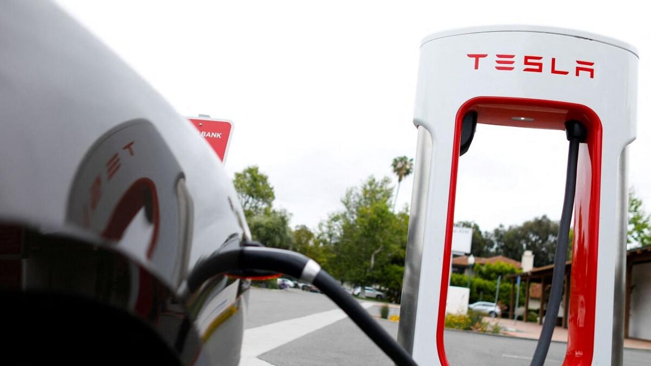 A Tesla super charger is shown at one of the company's charging stations. Credit: Reuters Photo