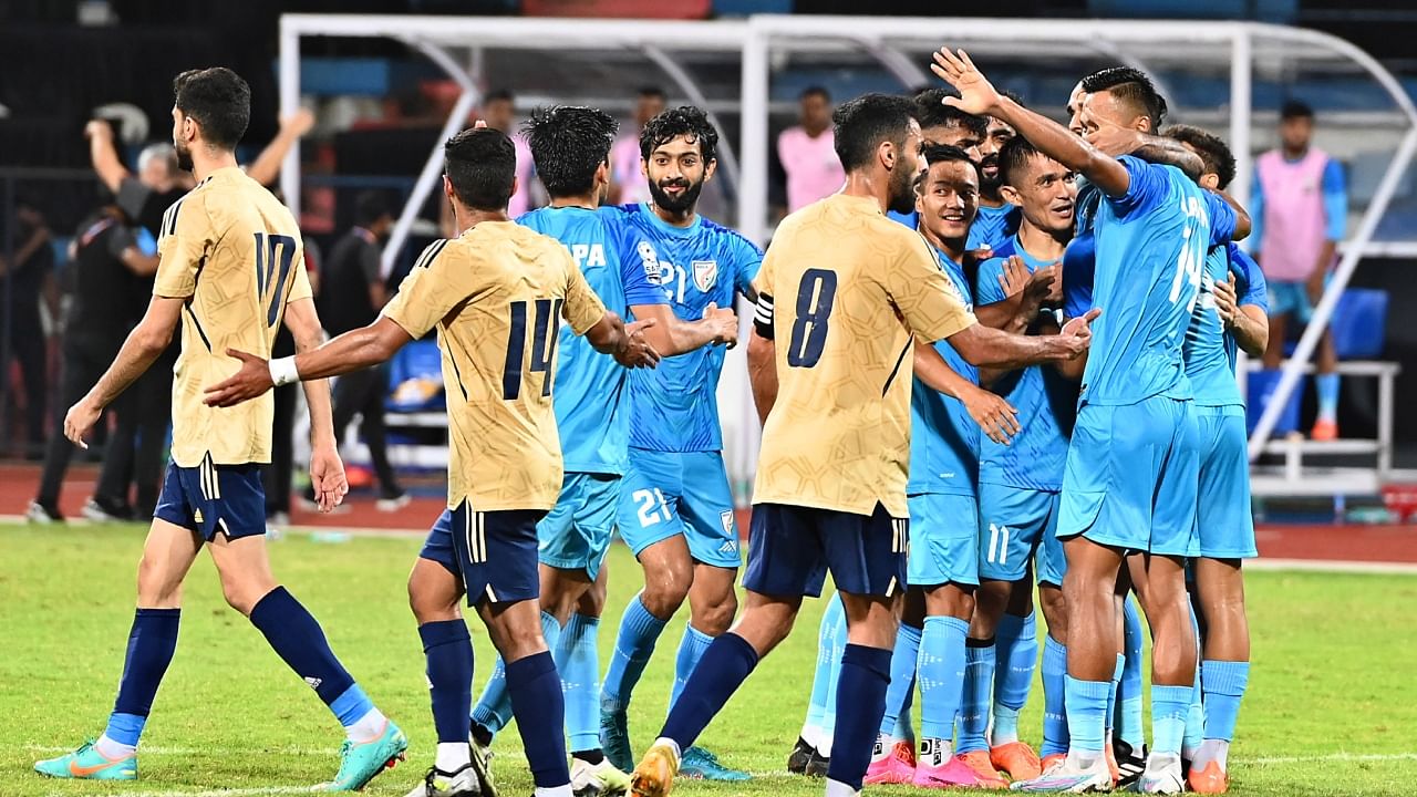 The Indian team celebrates after scoring a goal against Kuwait during their SAFF Championship match at Sree Kanteerava Stadium, Bengaluru on Tuesday, June 27, 2023. Credit: DH Photo/Pushkar V