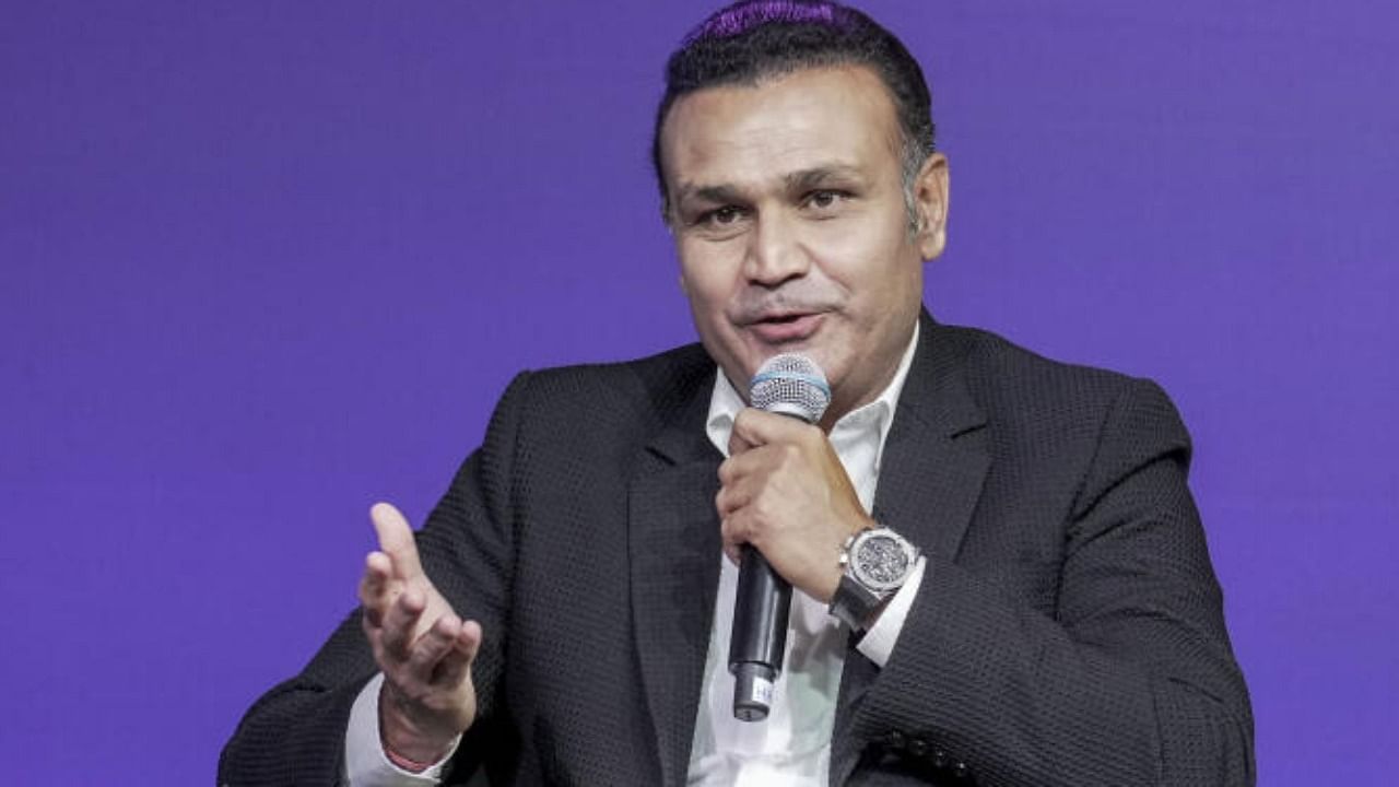 Former cricketer Virender Sehwag speaks during the announcement of ICC Men's Cricket World Cup 2023 match schedule, in Mumbai, Tuesday, June 27, 2023. Credit: PTI Photo