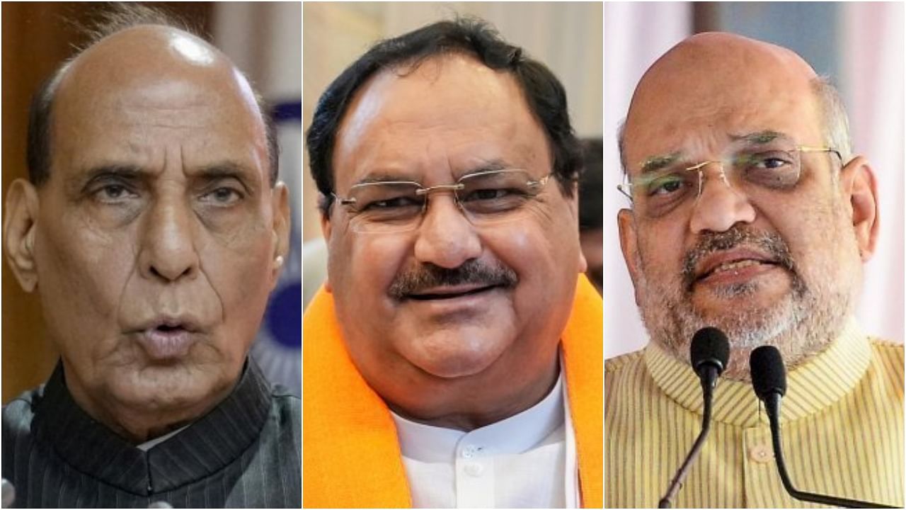 Rajnath Singh, J P Nadda and Amit Shah. Credit: PTI Photo