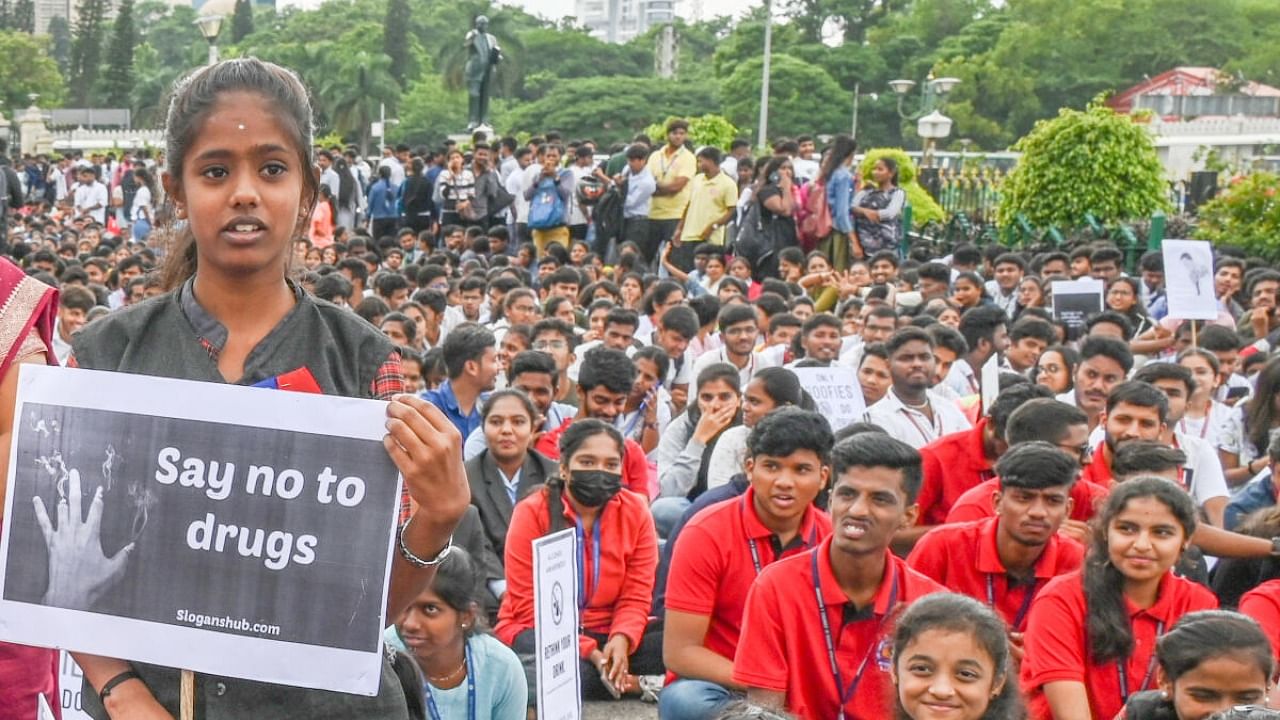 School and college students participated in an awareness march against drug abuse on Monday. The rally started from the Vidhana Soudha and culminated at the Kanteerava stadium. Credit: DH Photo/S K Dinesh