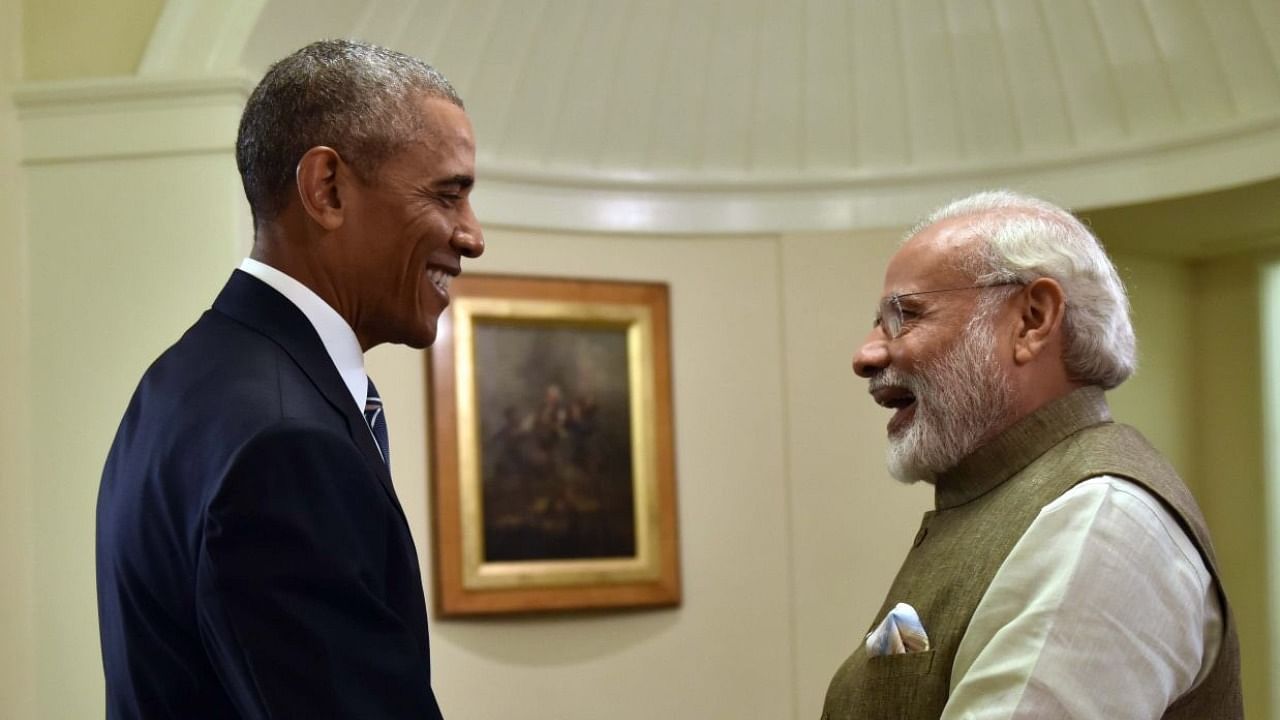 Former US President Barack Obama and Prime Minister Narendra Modi. Credit: Twitter/@narendramodi