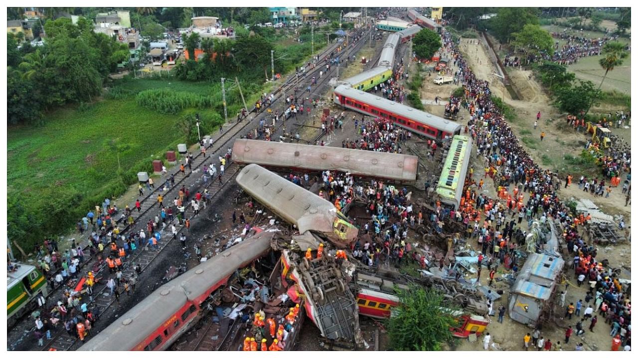 A drone view shows derailed coaches after trains collided in Balasore. Credit: Reuters Photo