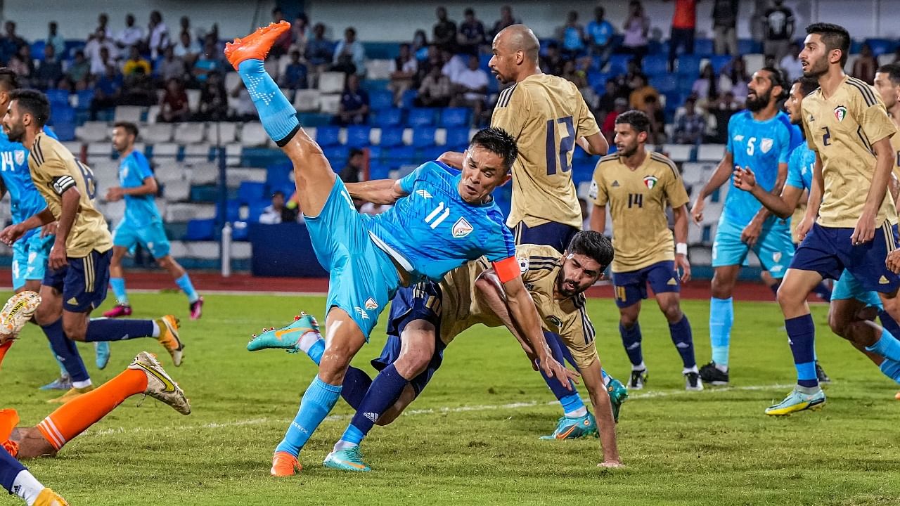 It looked like Chhetri’s stunning side-foot volley in the last minute of first half would settle a scrappy game that was boiling with tension from the opening whistle, thanks in large part to Kuwait’s disruptive style of heavy tackles and needless fouls. Credit: PTI Photo