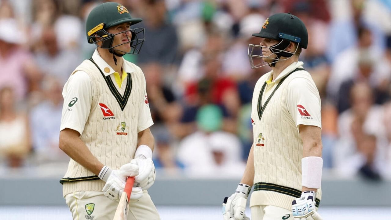 Smith (R) and Labuschagne (L) during the Aussie innings in the 2nd Ashes Test. Credit: Reuters Photo