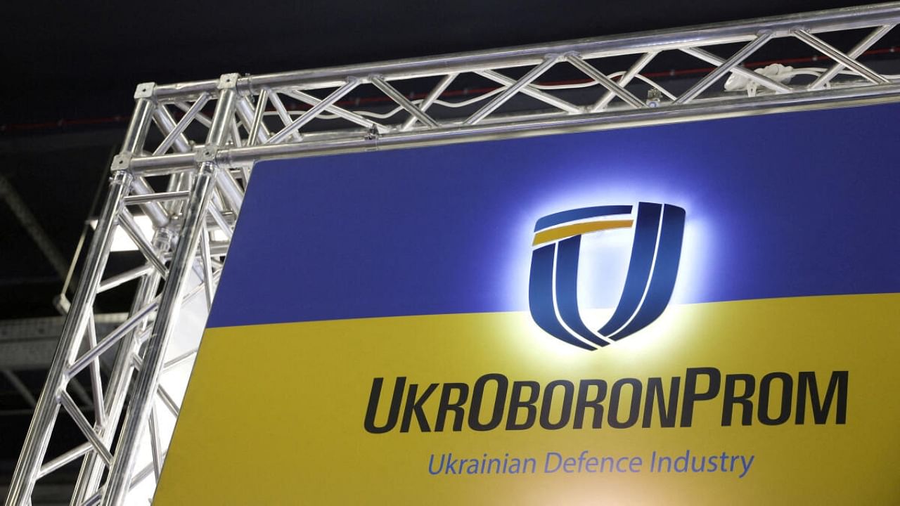 Ukrainian UkrOboronProm logo is pictured at their stand inside a hall of the 30th International Defence Industry Exhibition in Kielce, Poland September 5, 2022. Credit: Reuters Photo