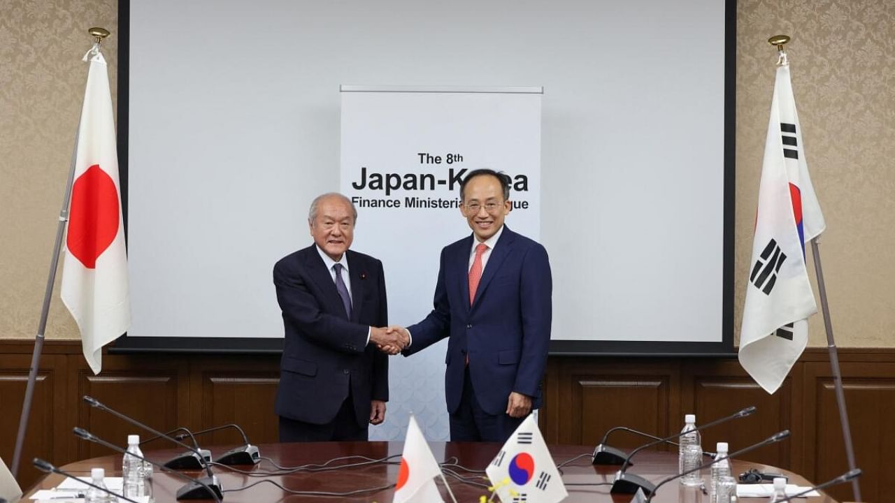 Japan's Finance Minister Shunichi Suzuki meets with his South Korean counterpart Choo Kyungho at a meeting in Tokyo, Japan, July 29, 2023. Credit: Reuters Photo