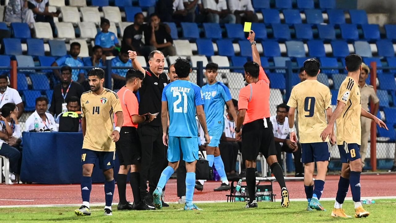 Repeated touchline offences by head coach Igor Stimac (third from left) have become a headache for the Indian team. Credit: DH Photo/Pushkar V