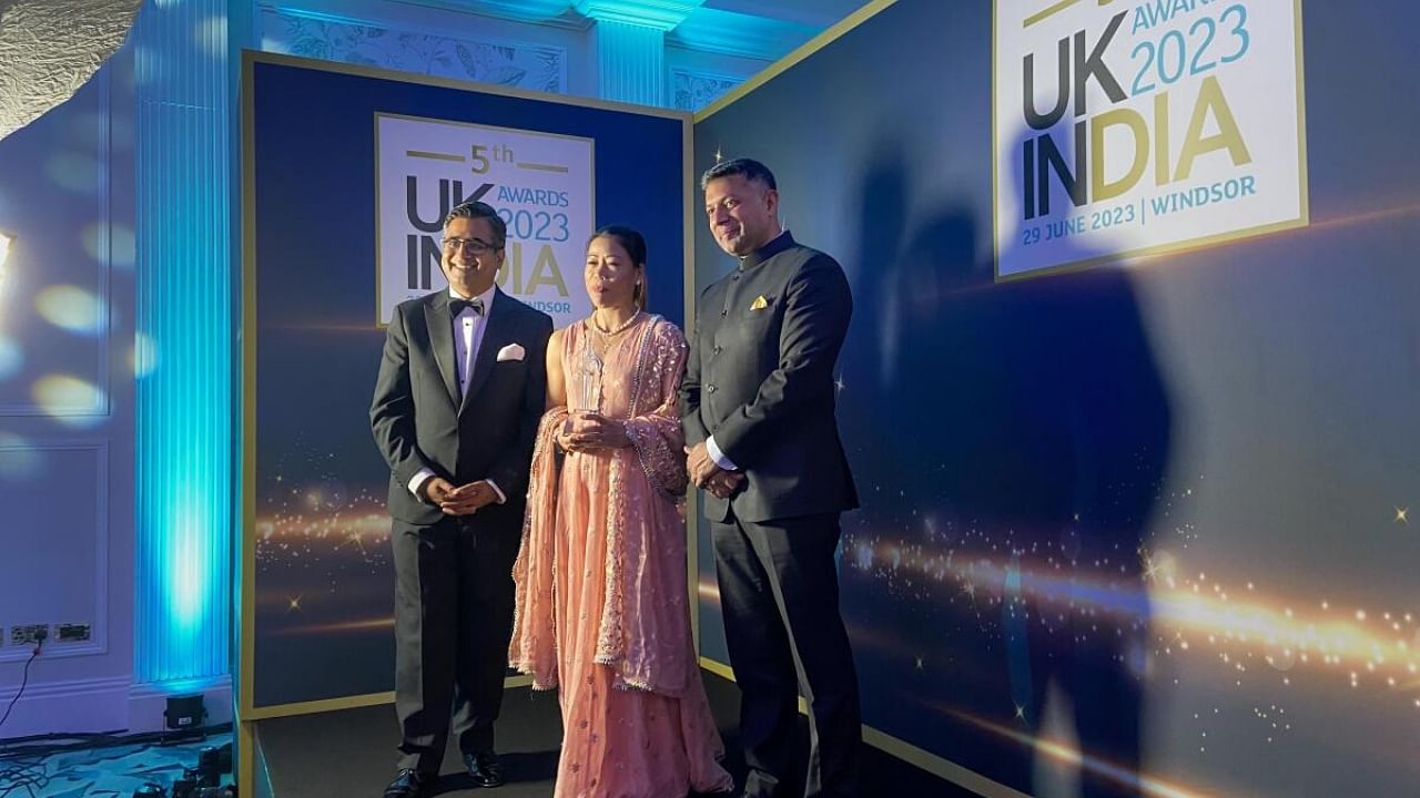 Boxer MC Mary Kom being honoured at the 5th UK-India Awards 2023, in London, Thursday, June 29, 2023. Credit: PTI Photo