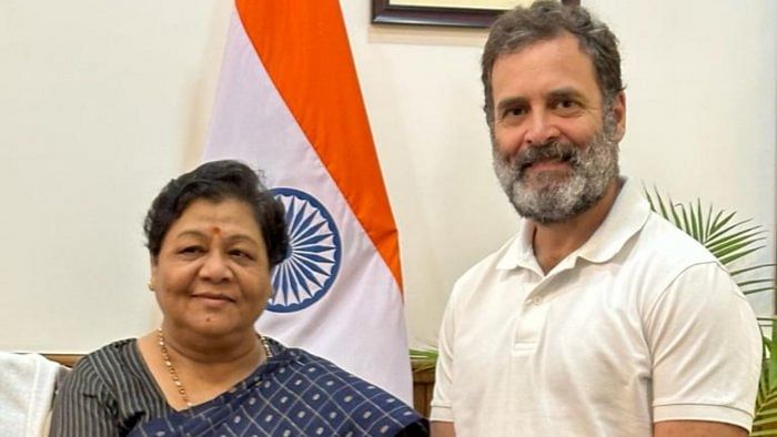 Rahul Gandhi with Manipur Governor Anusuiya Uikey. Credit: Twitter/@INCIndia