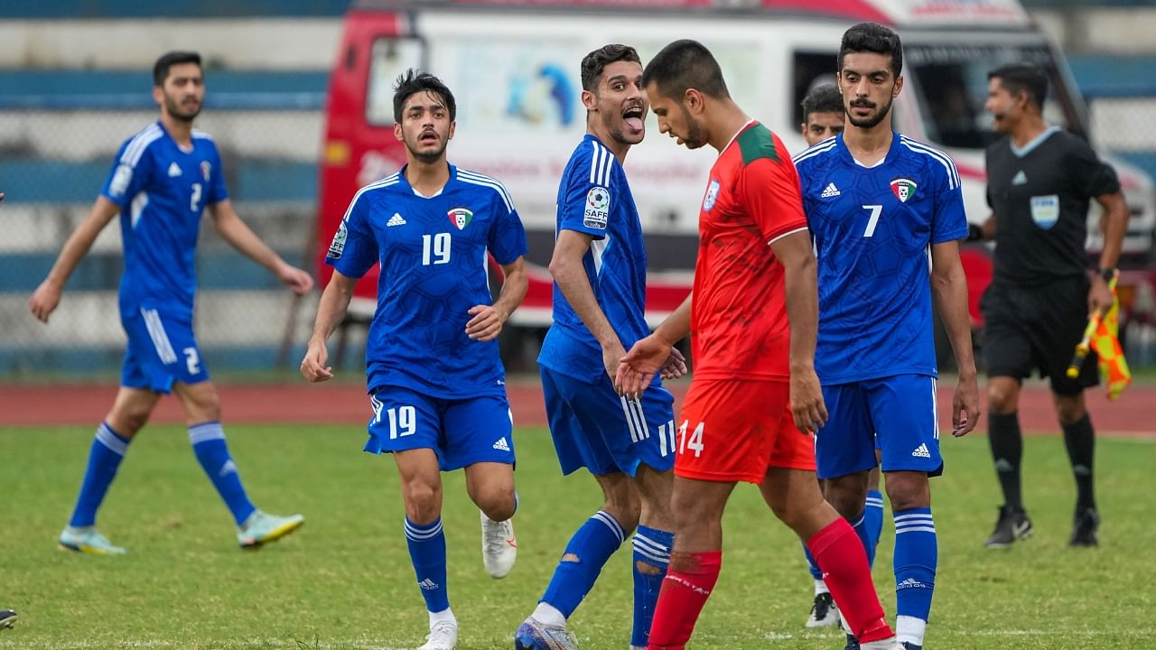 Players of Kuwait (blue) celebrate after winning their SAFF Championship 2023 semi-final football match against Bangladesh, at Kanteerava Stadium in Bengaluru, Saturday, July 1, 2023. Credit: PTI Photo