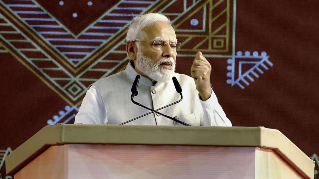 Prime Minister Narendra Modi addresses the launch of Sickle Cell Anaemia Elimination Mission, in Shahdol district, Saturday, July 1, 2023. Credit: PTI Photo