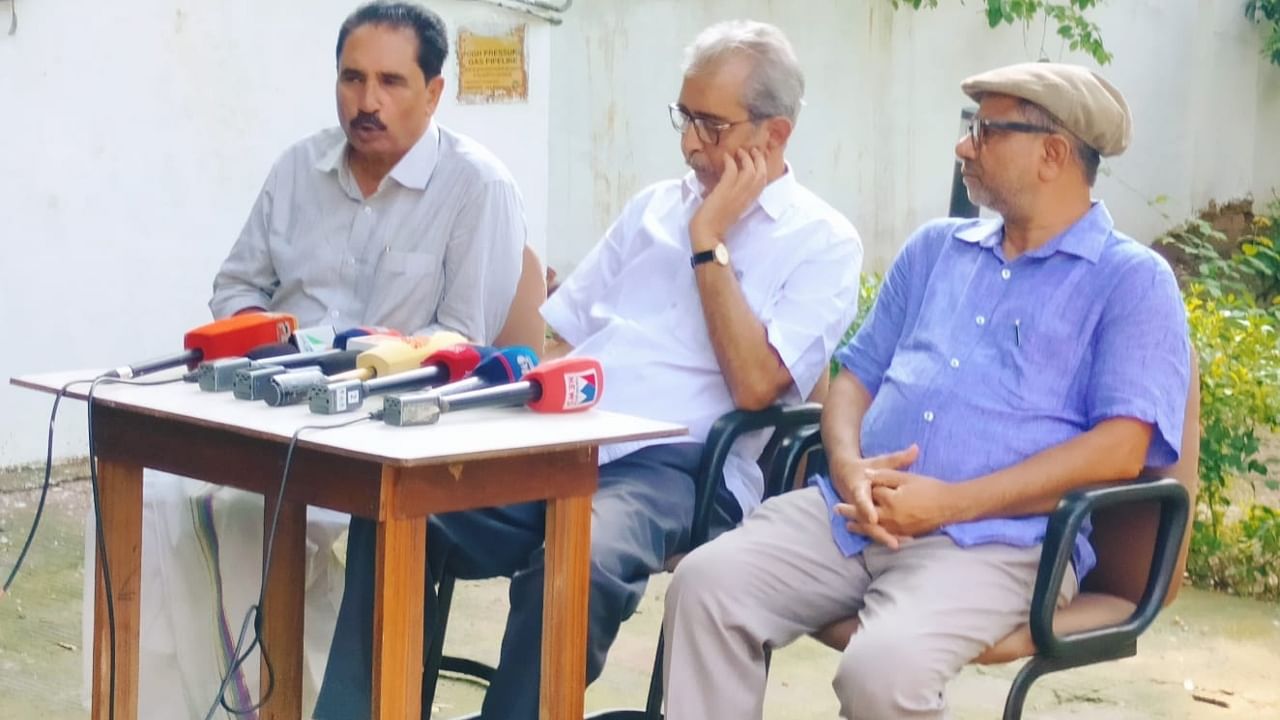 RSP leaders (from left) NK Premachandran, Manoj Bhattacharya and RS Dagar address media in New Delhi on Saturday, July 1, 2023. Credit: DH Photo