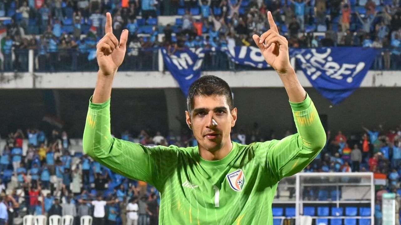 Goalkeeper Gurpreet Singh Sandhu stood out in India's tense win against Lebanon during their SAFF Championship semifinal on Saturday. Credit: DH Photo/ S K Dinesh