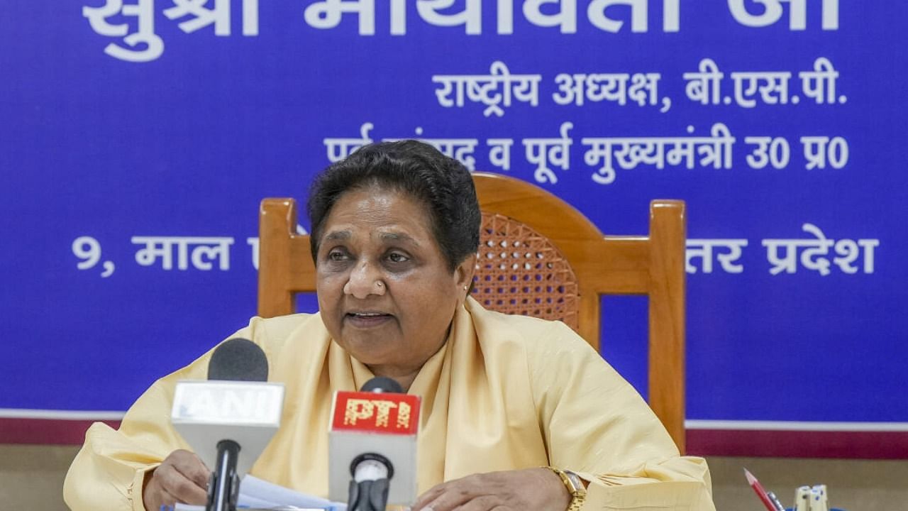 BSP supremo Mayawati addresses a press conference in Lucknow, Sunday. Credit: PTI Photo