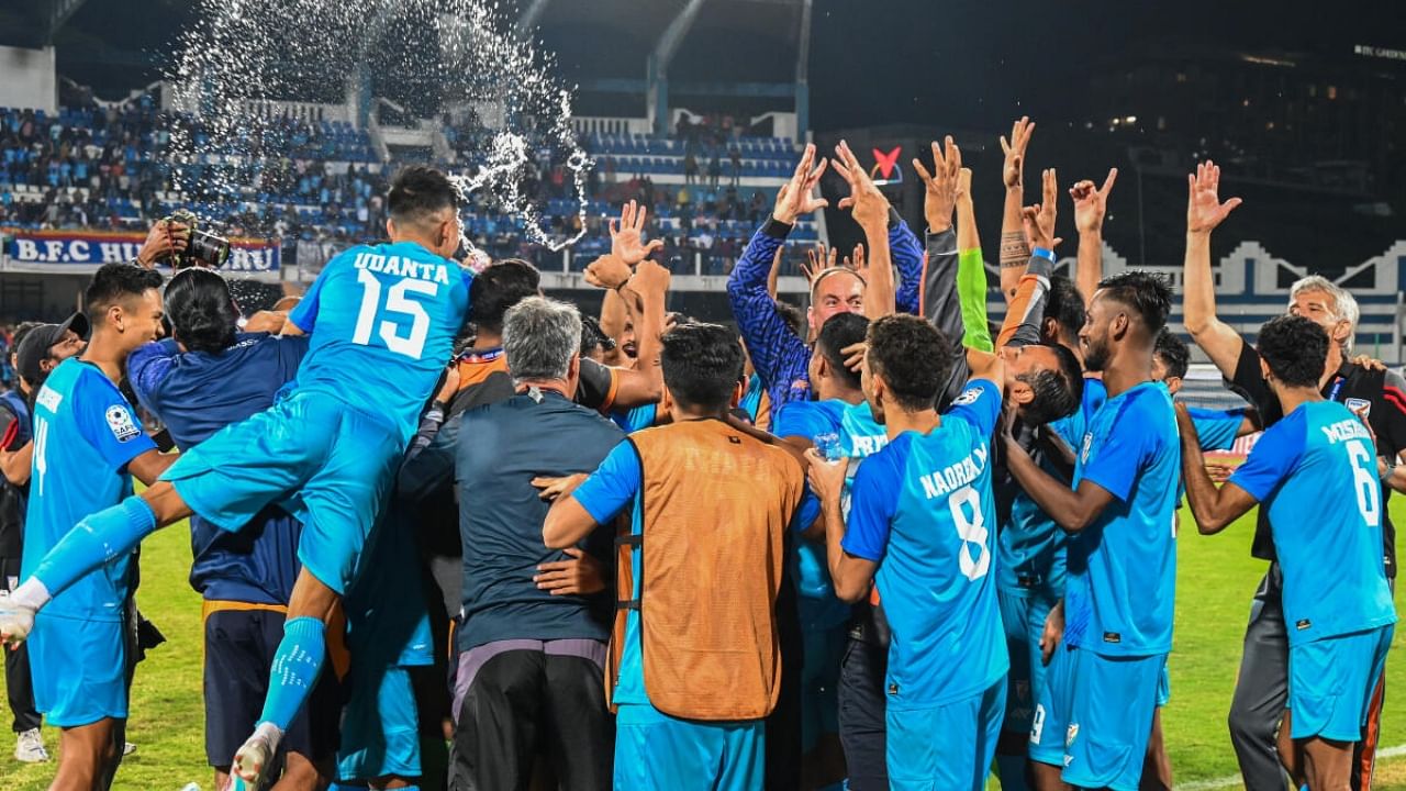 Indian players celebrate after defeating Lebanon in the semifinals of the SAFF Championship at the Sree Kanteerava stadium on Saturday. Credit: DH Photo/S K Dinesh