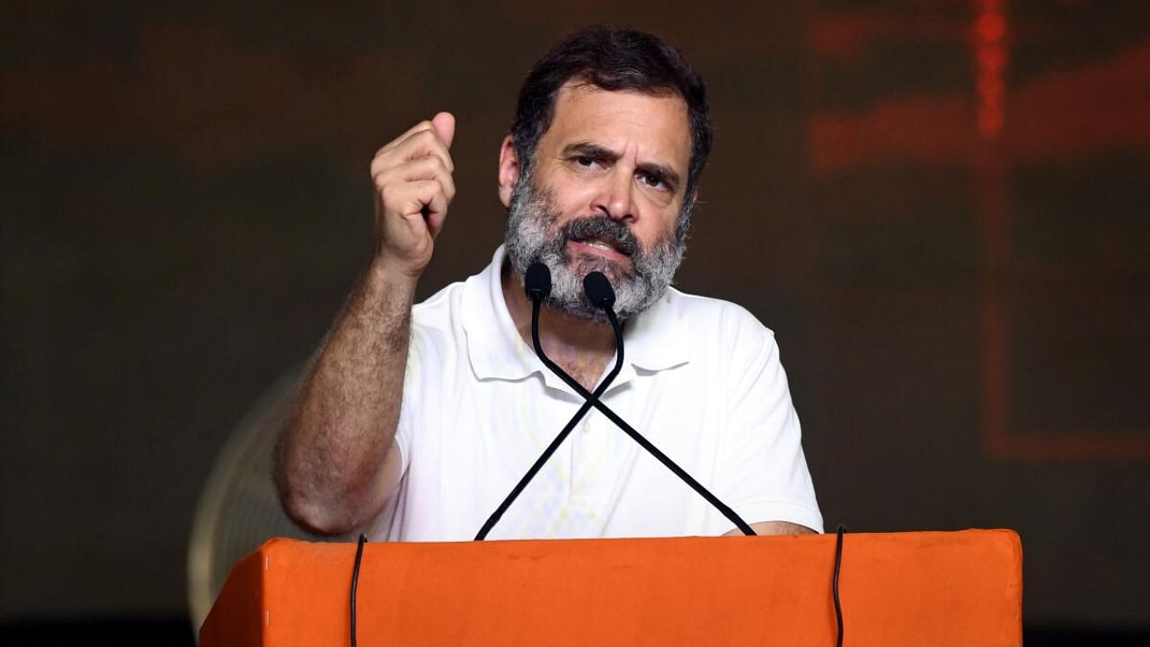  Congress leader Rahul Gandhi addresses a public meeting, in Khammam district, Sunday, July 2, 2023. Credit: PTI Photo