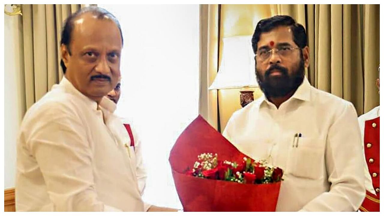 Maharashtra Chief Minister Eknath Shinde with his newly-sworn in deputy Chief Minister Ajit Pawar, in Mumbai, Sunday, July 2, 2023. Credit: Twitter/@mieknathshinde