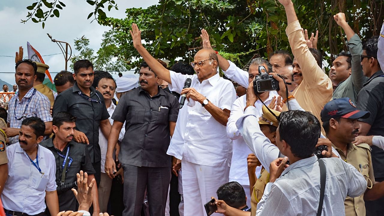 NCP Chief Sharad Pawar addresses supporters after paying tribute to former Maharashtra chief minister Yashwantrao Chavan, in Karad, Monday, July 3, 2023. Credit: PTI Photo