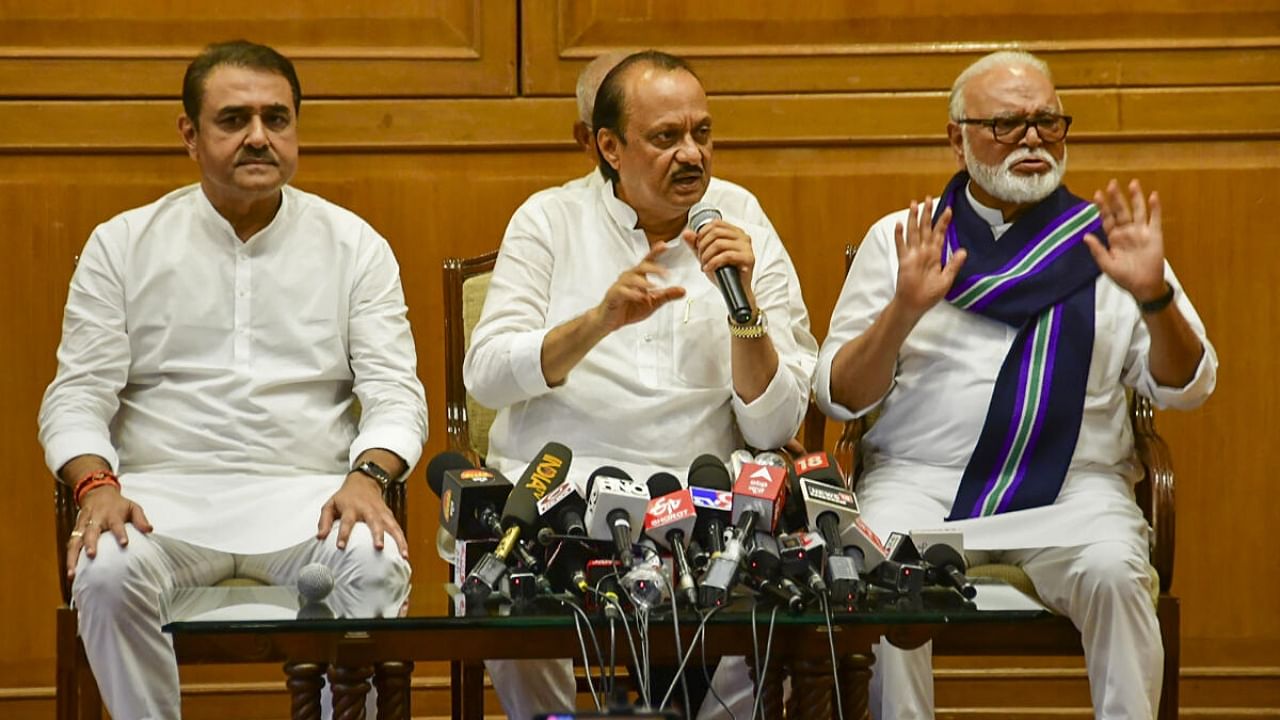 Newly sworn-in Maharashtra Deputy Chief Minister Ajit Pawar with Nationalist Congress Party (NCP) leaders Chhagan Bhujbal and Praful Patel during a press conference, in Mumbai, Sunday, July 2, 2023. Credit: PTI Photo