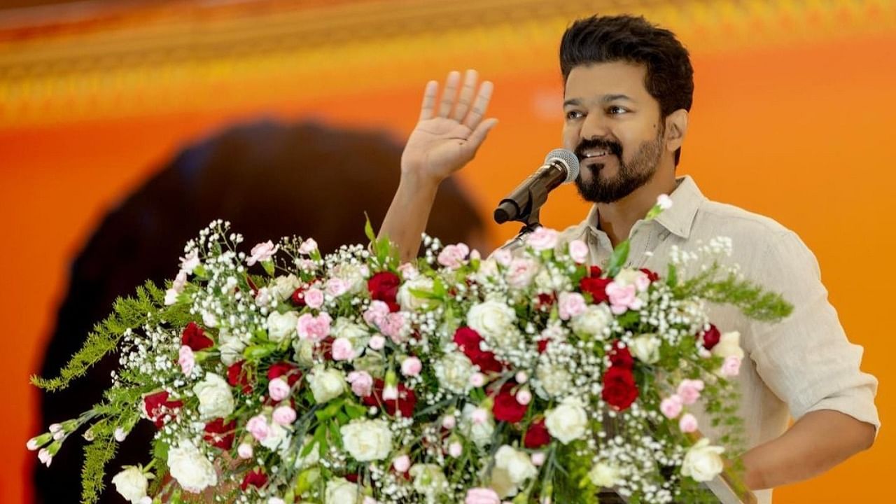 Actor Vijay addresses audience during an event at the RK Convention Centre in Chennai on June 17. Credit: Instagram/@actorvijay