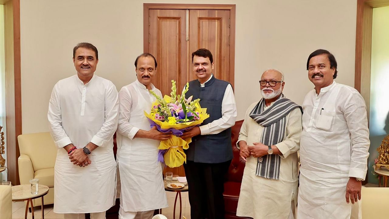 Maharashtra Deputy Chief Minister Ajit Pawar, Nationalist Congress Party (NCP) leaders Praful Patel and Chhagan Bhujbal and others meet Maharashtra Deputy Chief Minister Devendra Fadnavis, in Mumbai, Monday, July 3, 2023. Credit: PTI Photo
