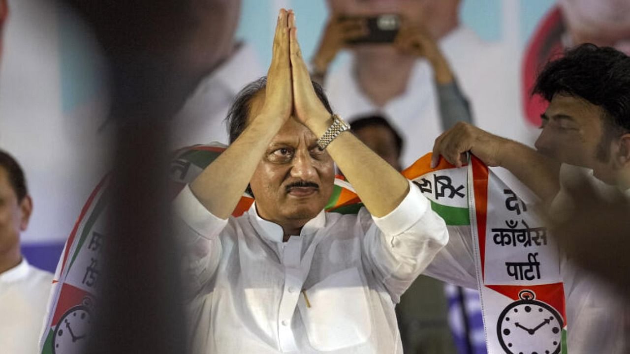 Maharashtra Deputy Chief Minister and NCP leader Ajit Pawar and senior leader Praful Patel during the party meeting at MET Bandra, in Mumbai, Wednesday, July 5, 2023. Credit: PTI Photo