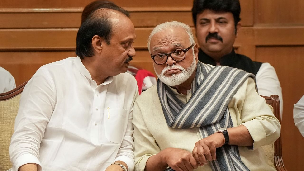 Maharashtra Deputy Chief Minister Ajit Pawar with Chhagan Bhujbal and others during a press conference, in Mumbai, Monday, July 3, 2023. Credit: PTI Photo