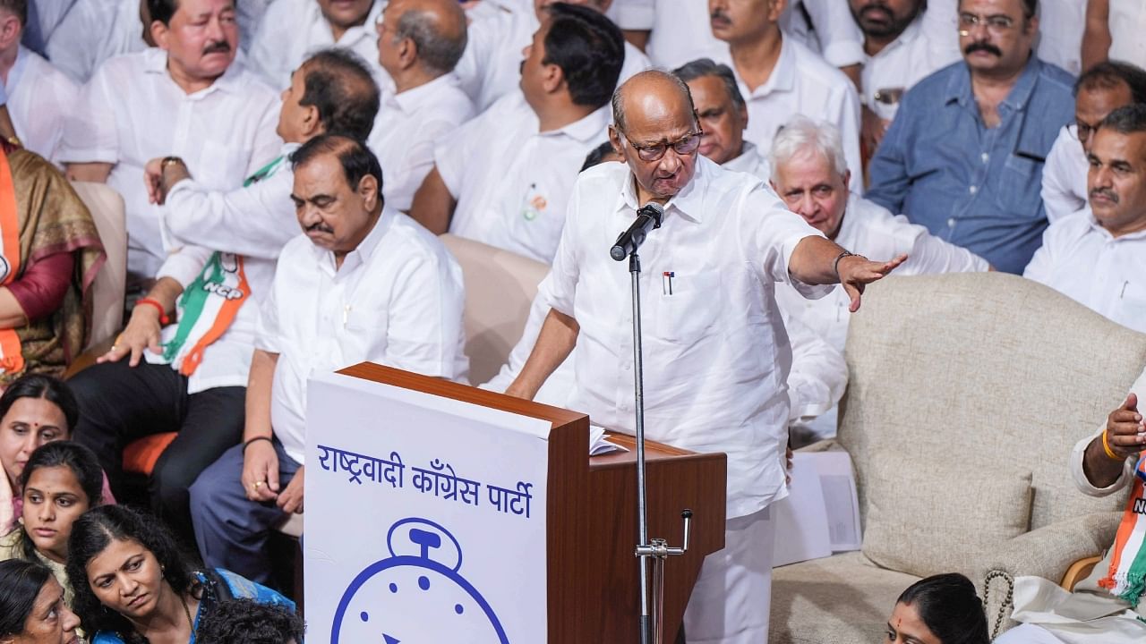 NCP chief Sharad Pawar addresses party workers during the party meeting at Y B Chavan centre, in Mumbai, Wednesday, July 5, 2023. Credit: PTI Photo