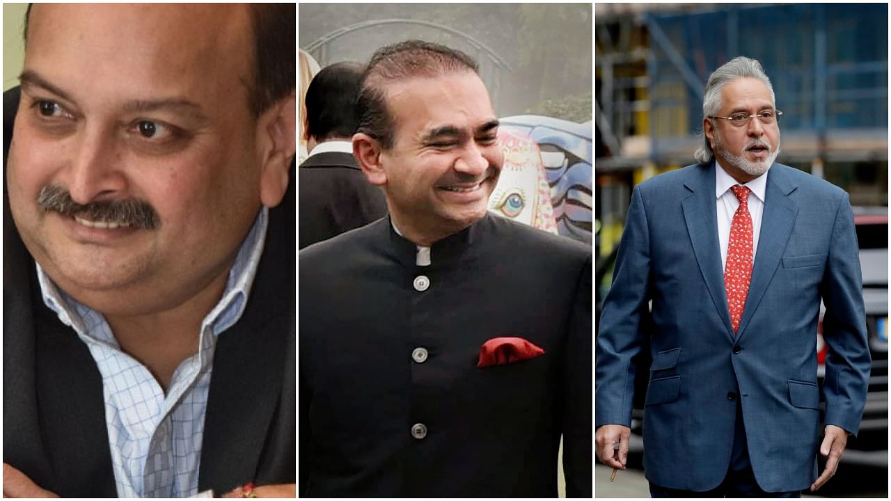 Mehul Choksi (L), Nirav Modi (C), and Vijay Mallya (R). Credit: DH, PTI File Photos