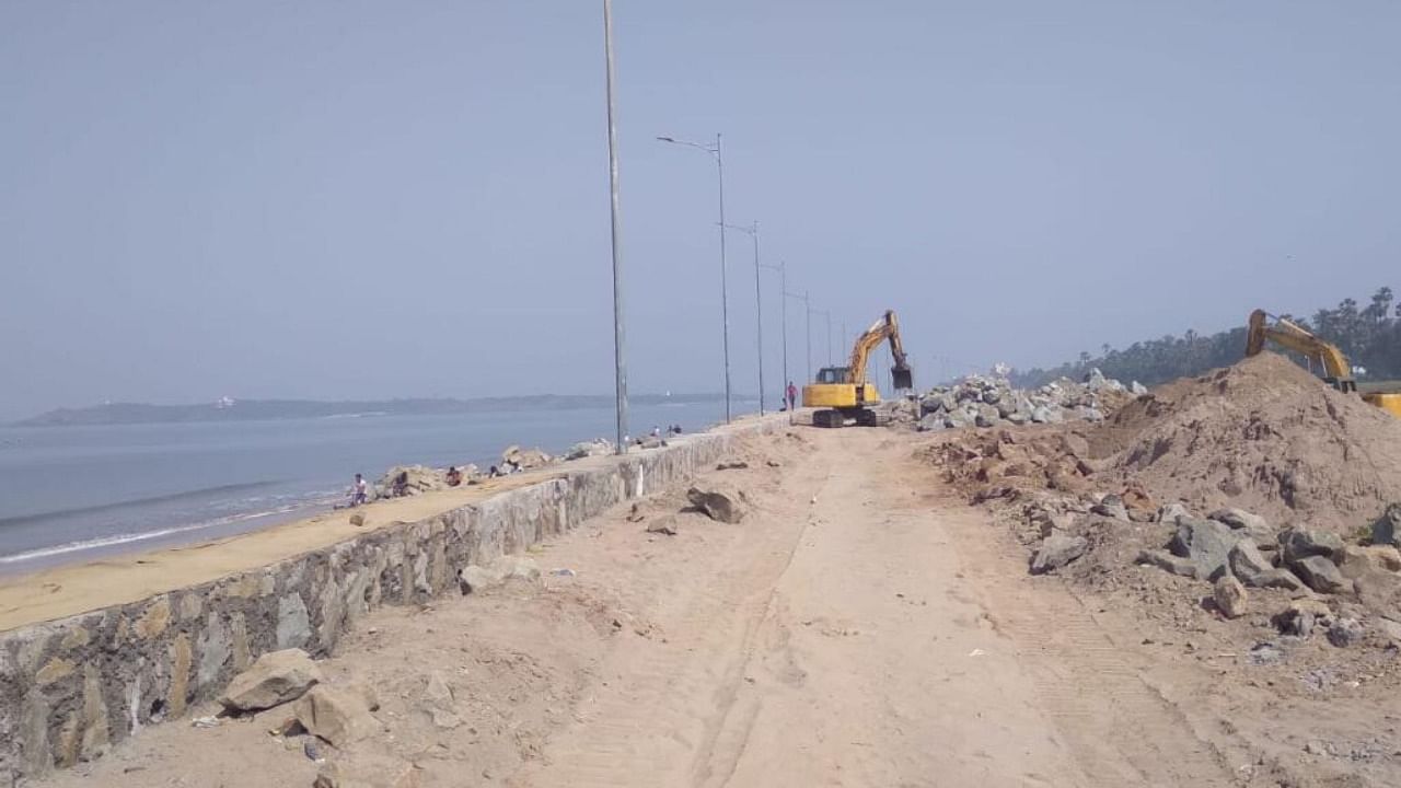 A view of the seawall construction on the Aksa beach in Mumbai. Credit: DH Photo