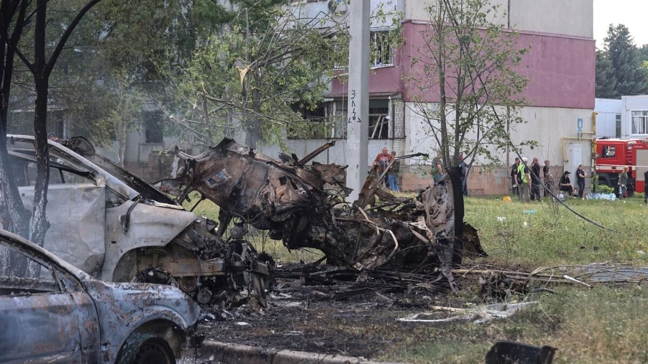 Burned cars are seen at a site of a Russian military strike in the town of Pervomaiskyi, amid Russia's attack on Ukraine, in Kharkiv region, Ukraine July 4, 2023. Credit: Reuters Photo