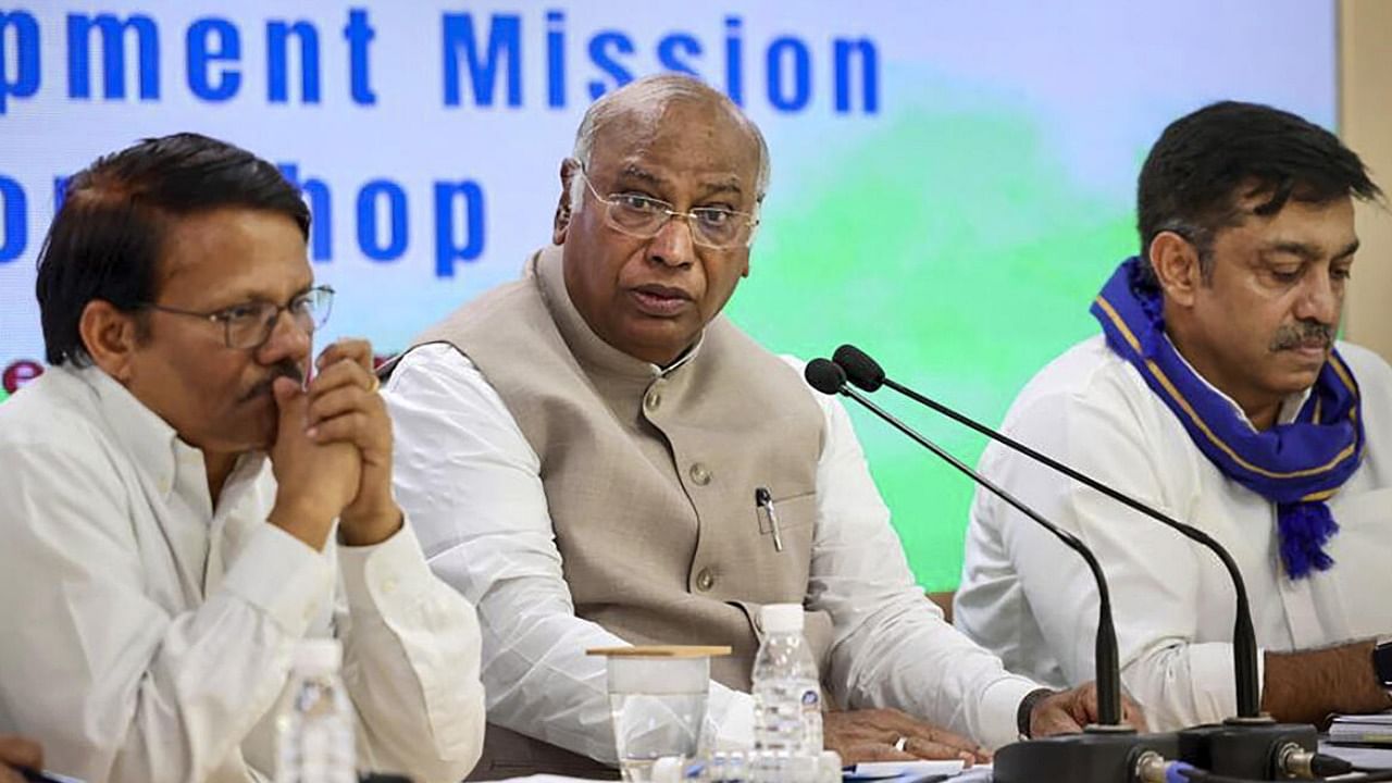 Congress President Mallikarjun Kharge attends the Leadership Development Mission (LDM) workshop at the party headquarters in New Delhi. Credit: PTI Photo