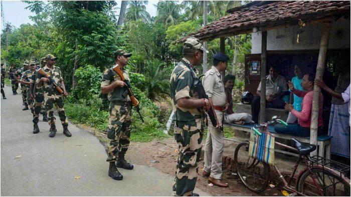 Howrah: Security personnel conduct route march ahead of the West Bengal panchayat elections, in Howrah district, Sunday, June 25, 2023. Credit: PTI Photo  