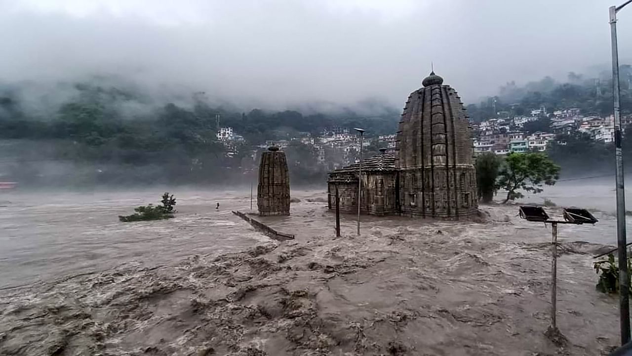 Beas river in spate following heavy monsoon rains, in Mandi, Sunday, July 9, 2023. Credit: PTI Photo