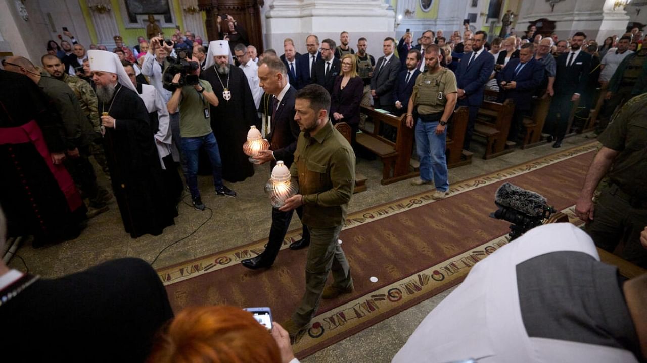 Ukraine's President Volodymyr Zelenskiy and Polish President Andrzej Duda commemorate victims of World War II at the Saint Peter and Paul Cathedral in Lutsk. Credit: Reuters Photo