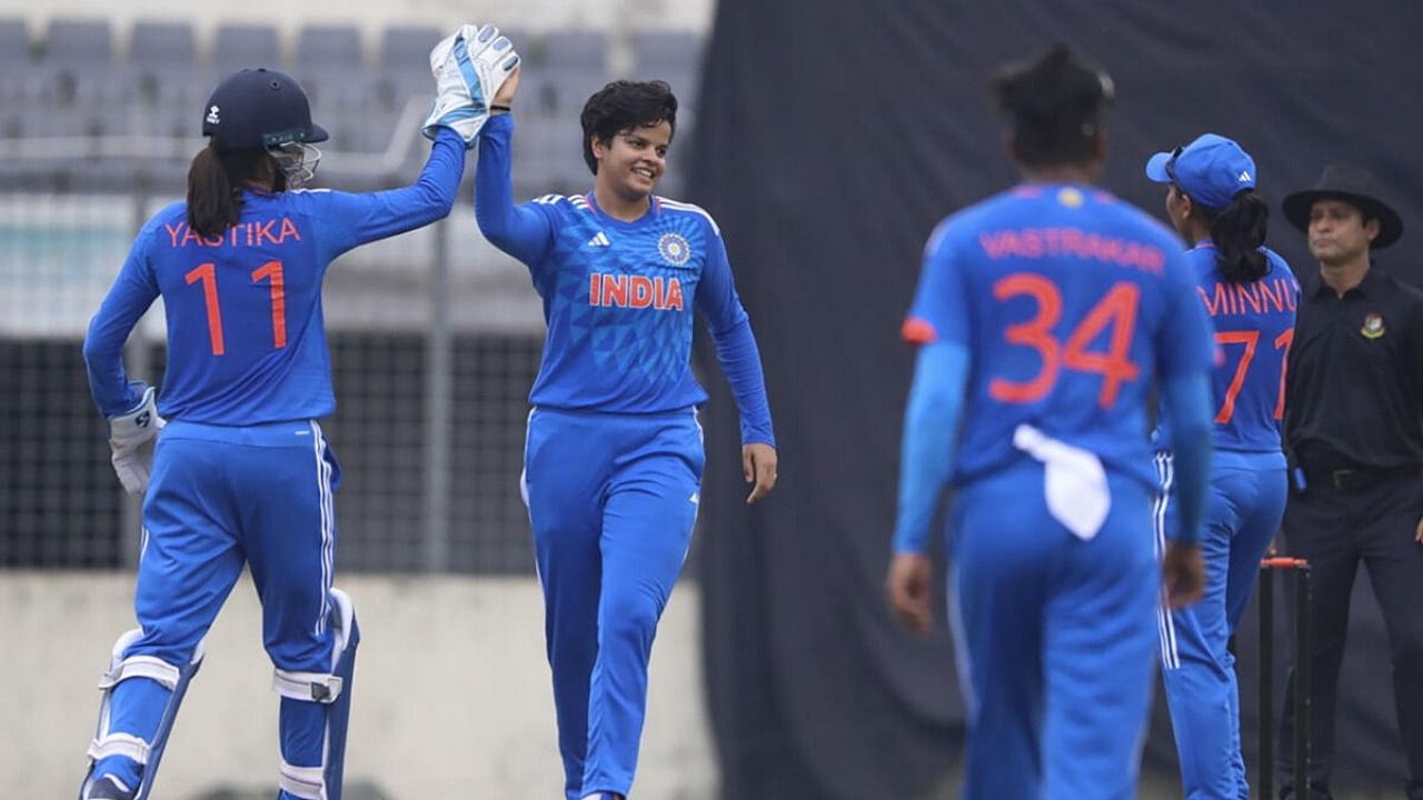 Shafali Verma celebrates with teammates. Credit: PTI Photo