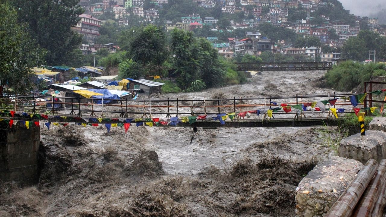 The Beas River in spate as monsoon rain continues, in Kullu, Sunday, July 9, 2023. Credit: PTI Photo