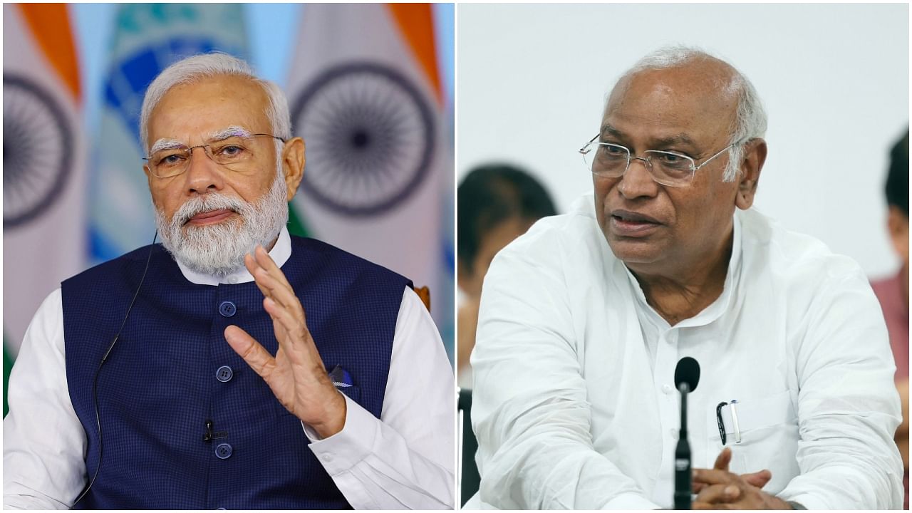 Prime Minister Narendra Modi (L) and Congress chief Mallikarjun Kharge (R). Credit: PTI, IANS Photos