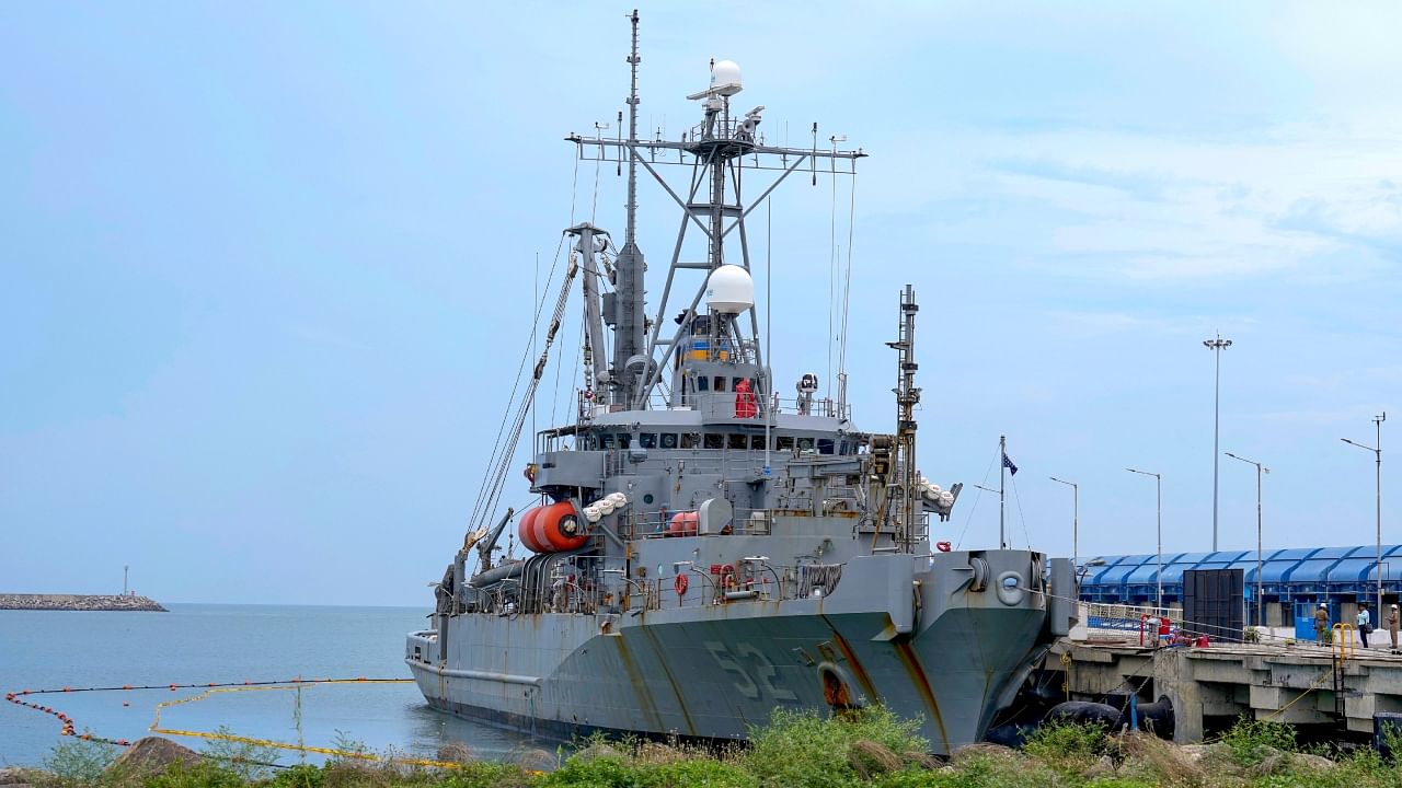 The USNS Salvor, docked at Larsen and Toubro Shipyard for voyage repairs, at Kaatupalli Port in Chennai, Monday, July 10, 2023. Credit: PTI Photo